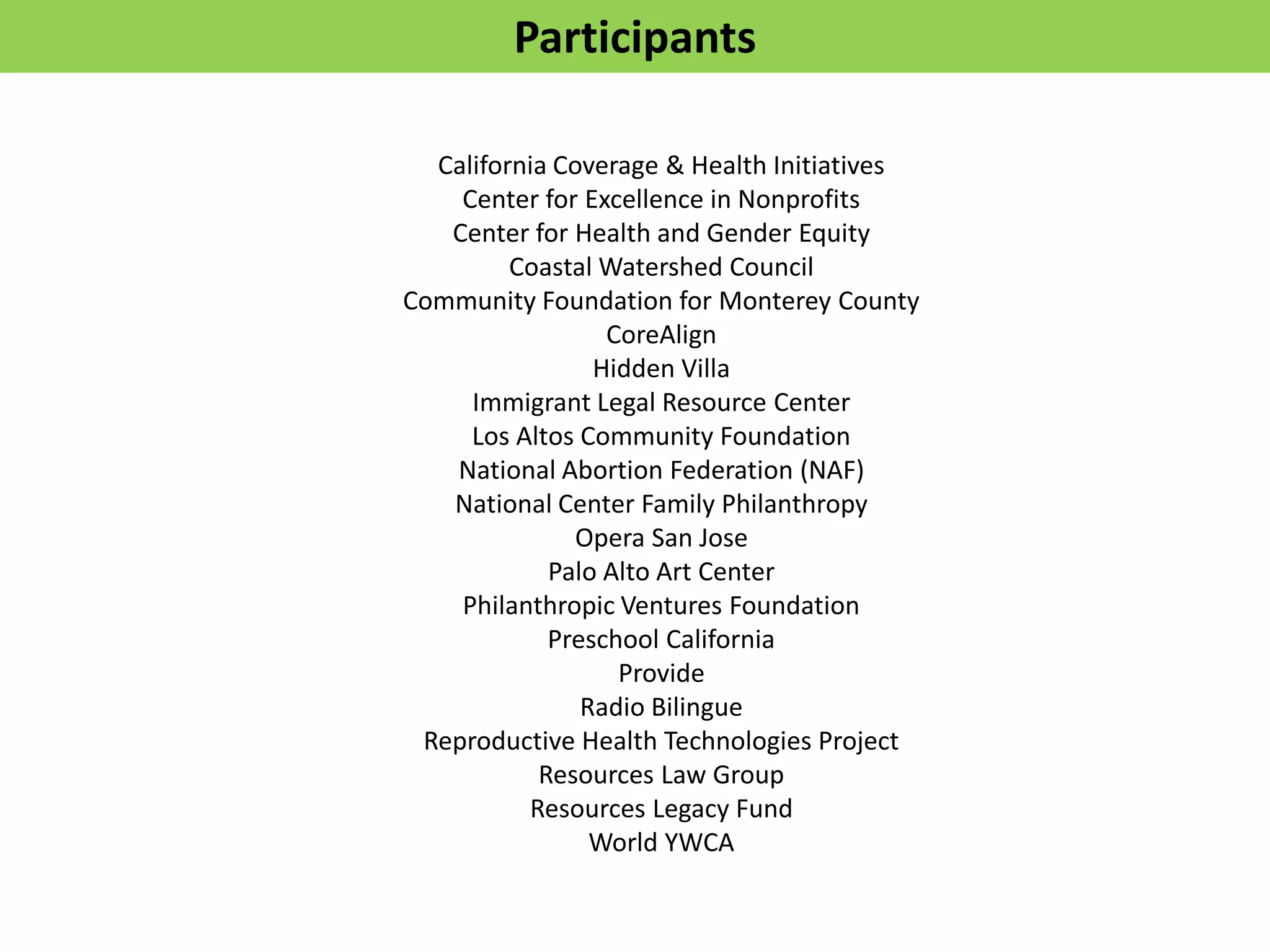 Participants

  California Coverage & Health Initiatives
    Center for Excellence in Nonprofits
   Center for Health and Gender Equity
         Coastal Watershed Council
Community Foundation for Monterey County
                 CoreAlign
                Hidden Villa
     Immigrant Legal Resource Center
     Los Altos Community Foundation
   National Abortion Federation (NAF)
   National Center Family Philanthropy
               Opera San Jose
            Palo Alto Art Center
    Philanthropic Ventures Foundation
            Preschool California
                  Provide
               Radio Bilingue
 Reproductive Health Technologies Project
           Resources Law Group
          Resources Legacy Fund
                World YWCA
 
