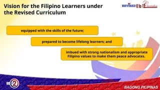 22
Vision for the Filipino Learners under
the Revised Curriculum
equipped with the skills of the future;
prepared to become lifelong learners; and
imbued with strong nationalism and appropriate
Filipino values to make them peace advocates.
 