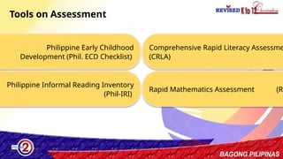 29
Tools on Assessment
Philippine Early Childhood
Development (Phil. ECD Checklist)
Philippine Informal Reading Inventory
(Phil-IRI)
Comprehensive Rapid Literacy Assessme
(CRLA)
Rapid Mathematics Assessment (RM
 