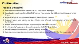 37
Continuation…
Regional Office (RO)
1. Oversee the implementation of the MATATAG Curriculum in the region.
2. Spearhead the delivery of the MATATAG Training Program and the M&E at the division and school
levels.
3. Mobilize resources to support the delivery of the MATATAG Curriculum.
4. Organize region-wide training on the effective and efficient implementation of the MATATAG
Curriculum.
5. Engage stakeholders and partners in implementing the MATATAG Curriculum.
6. Provide technical assistance to SDOs in implementing the MATATAG Curriculum.
7. Ensure that every Schools Division Office has learning resources.
8. Submit a monitoring and evaluation report on the implementation of the MATATAG Curriculum to the CO.
 