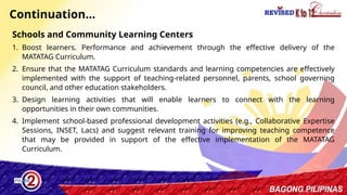 40
Continuation…
Schools and Community Learning Centers
1. Boost learners. Performance and achievement through the effective delivery of the
MATATAG Curriculum.
2. Ensure that the MATATAG Curriculum standards and learning competencies are effectively
implemented with the support of teaching-related personnel, parents, school governing
council, and other education stakeholders.
3. Design learning activities that will enable learners to connect with the learning
opportunities in their own communities.
4. Implement school-based professional development activities (e.g., Collaborative Expertise
Sessions, INSET, Lacs) and suggest relevant training for improving teaching competence
that may be provided in support of the effective implementation of the MATATAG
Curriculum.
 