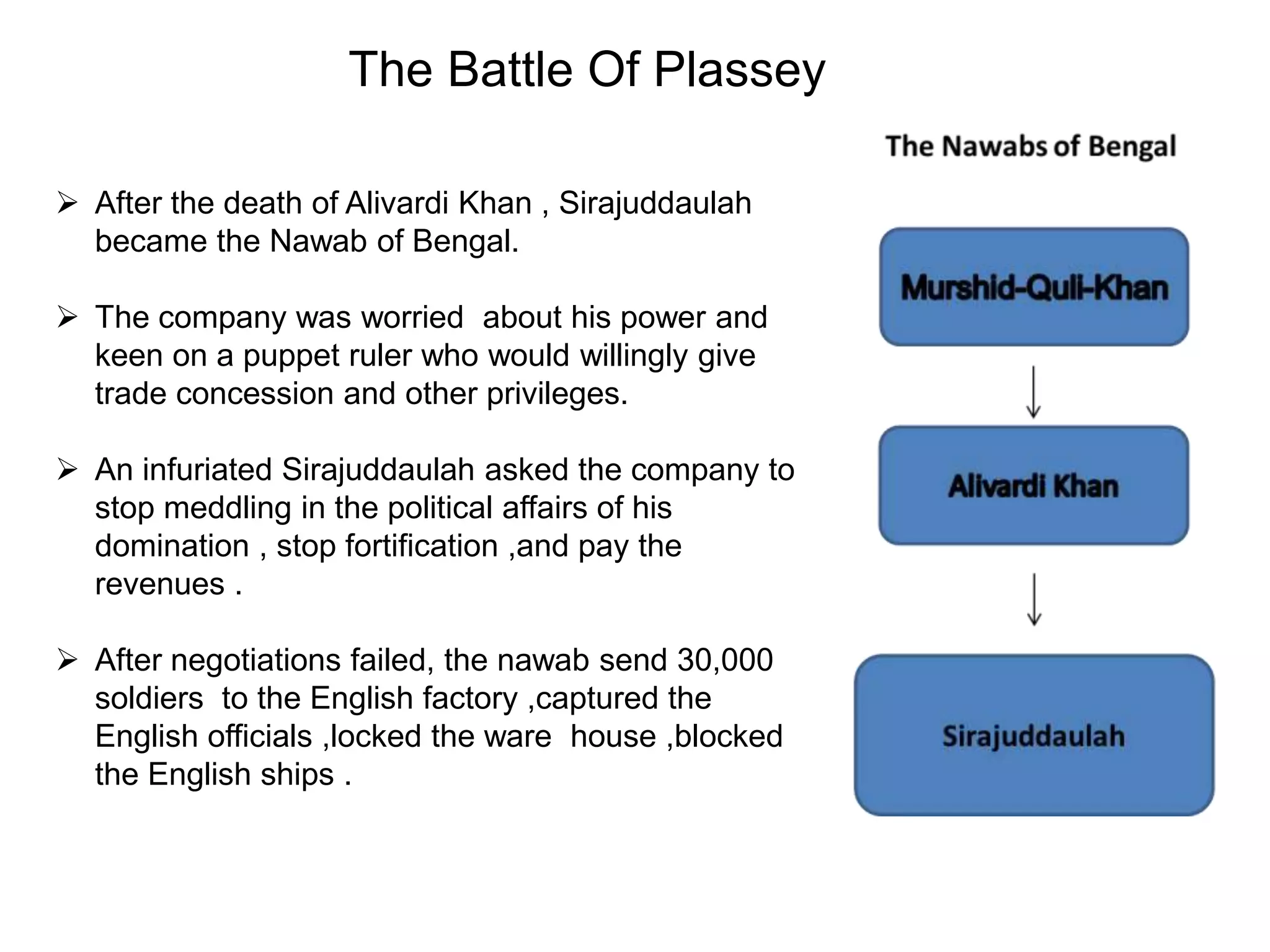  After the death of Alivardi Khan , Sirajuddaulah
became the Nawab of Bengal.
 The company was worried about his power and
keen on a puppet ruler who would willingly give
trade concession and other privileges.
 An infuriated Sirajuddaulah asked the company to
stop meddling in the political affairs of his
domination , stop fortification ,and pay the
revenues .
 After negotiations failed, the nawab send 30,000
soldiers to the English factory ,captured the
English officials ,locked the ware house ,blocked
the English ships .
The Battle Of Plassey
 