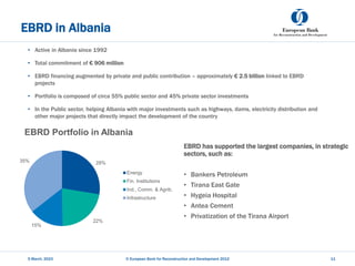 EBRD in Albania
• Active in Albania since 1992
• Total commitment of € 906 million
• EBRD financing augmented by private and public contribution – approximately € 2.5 billion linked to EBRD
projects
• Portfolio is composed of circa 55% public sector and 45% private sector investments
• In the Public sector, helping Albania with major investments such as highways, dams, electricity distribution and
other major projects that directly impact the development of the country
5 March, 2023 © European Bank for Reconstruction and Development 2012 11
28%
22%
15%
35%
EBRD Portfolio in Albania
Energy
Fin. Institutions
Ind., Comm. & Agrib.
Infrastructure
EBRD has supported the largest companies, in strategic
sectors, such as:
• Bankers Petroleum
• Tirana East Gate
• Hygeia Hospital
• Antea Cement
• Privatization of the Tirana Airport
 