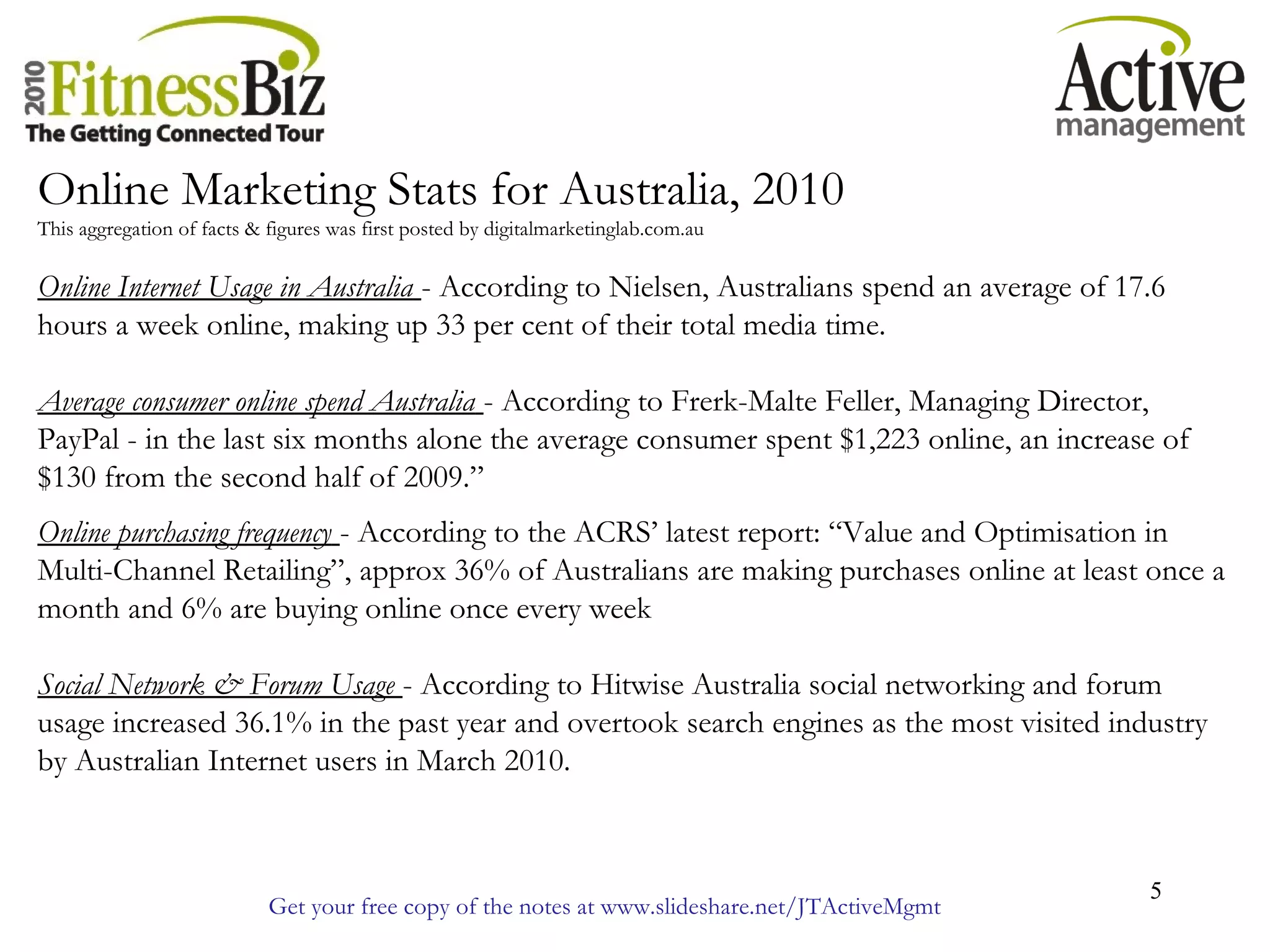 Get your free copy of the notes at www.slideshare.net/JTActiveMgmt
5
Online Marketing Stats for Australia, 2010
This aggregation of facts & figures was first posted by digitalmarketinglab.com.au
Online Internet Usage in Australia - According to Nielsen, Australians spend an average of 17.6
hours a week online, making up 33 per cent of their total media time.
Average consumer online spend Australia - According to Frerk-Malte Feller, Managing Director,
PayPal - in the last six months alone the average consumer spent $1,223 online, an increase of
$130 from the second half of 2009.”
Online purchasing frequency - According to the ACRS’ latest report: “Value and Optimisation in
Multi-Channel Retailing”, approx 36% of Australians are making purchases online at least once a
month and 6% are buying online once every week
Social Network & Forum Usage - According to Hitwise Australia social networking and forum
usage increased 36.1% in the past year and overtook search engines as the most visited industry
by Australian Internet users in March 2010.
 
 