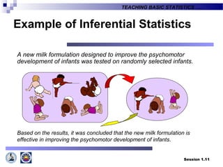 Session 1.11
TEACHING BASIC STATISTICS ….
Example of Inferential Statistics
A new milk formulation designed to improve the psychomotor
development of infants was tested on randomly selected infants.
Based on the results, it was concluded that the new milk formulation is
effective in improving the psychomotor development of infants.
 
