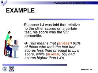 Session 1.34
TEACHING BASIC STATISTICS ….
EXAMPLE
Suppose LJ was told that relative
to the other scores on a certain
test, his score was the 95th
percentile.
 This means that (at least) 95%
of those who took the test had
scores less than or equal to LJ’s
score, while (at least) 5% had
scores higher than LJ’s.
 