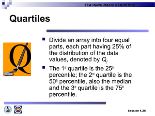 Session 1.36
TEACHING BASIC STATISTICS ….
Quartiles
 Divide an array into four equal
parts, each part having 25% of
the distribution of the data
values, denoted by Qj.
 The 1st
quartile is the 25th
percentile; the 2nd
quartile is the
50th
percentile, also the median
and the 3rd
quartile is the 75th
percentile.
 