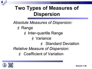 Session 1.39
TEACHING BASIC STATISTICS ….
Two Types of Measures of
Dispersion
Absolute Measures of Dispersion:
 Range
 Inter-quartile Range
 Variance
 Standard Deviation
Relative Measure of Dispersion:
 Coefficient of Variation
 