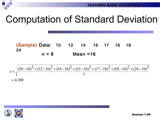 Session 1.46
TEACHING BASIC STATISTICS ….
(Sample) Data: 10 12 14 15 17 18 18
24
n = 8 Mean =16
309.4
7
2)1624(2)1618(2)1617(2)1615(2)1614(2)1612(2)1610(
=
−+−+−+−+−+−+−
=s
Computation of Standard Deviation
 