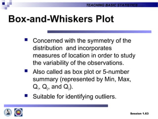 Session 1.63
TEACHING BASIC STATISTICS ….
Box-and-Whiskers Plot
 Concerned with the symmetry of the
distribution and incorporates
measures of location in order to study
the variability of the observations.
 Also called as box plot or 5-number
summary (represented by Min, Max,
Q1, Q2, and Q3).
 Suitable for identifying outliers.
 