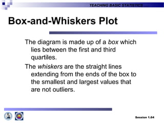 Session 1.64
TEACHING BASIC STATISTICS ….
The diagram is made up of a box which
lies between the first and third
quartiles.
The whiskers are the straight lines
extending from the ends of the box to
the smallest and largest values that
are not outliers.
Box-and-Whiskers Plot
 