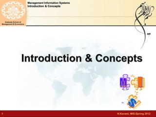 Management Information Systems 
Introduction & Concepts 
Graduate School of 
Management & Economics 
Introduction & Concepts 
1 N.Karami, MIS-Spring 2012 
 