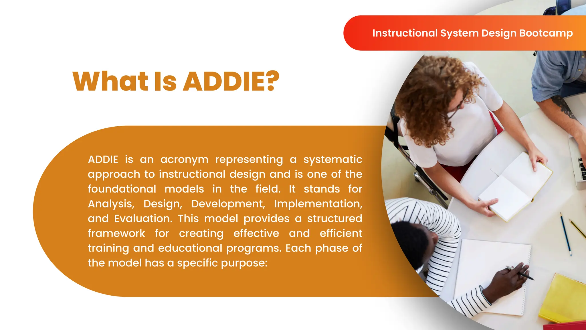 What Is ADDIE?
ADDIE is an acronym representing a systematic
approach to instructional design and is one of the
foundational models in the field. It stands for
Analysis, Design, Development, Implementation,
and Evaluation. This model provides a structured
framework for creating effective and efficient
training and educational programs. Each phase of
the model has a specific purpose:
Instructional System Design Bootcamp
 
