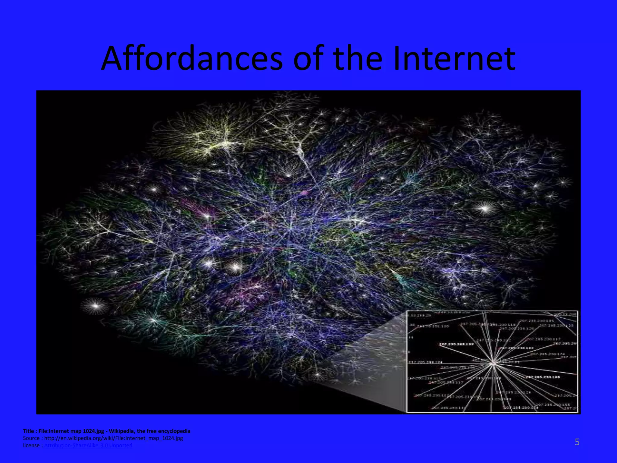 5 
Affordances of the Internet 
Title : File:Internet map 1024.jpg - Wikipedia, the free encyclopedia 
Source : http://en.wikipedia.org/wiki/File:Internet_map_1024.jpg 
license : Attribution-ShareAlike 3.0 Unported 
 