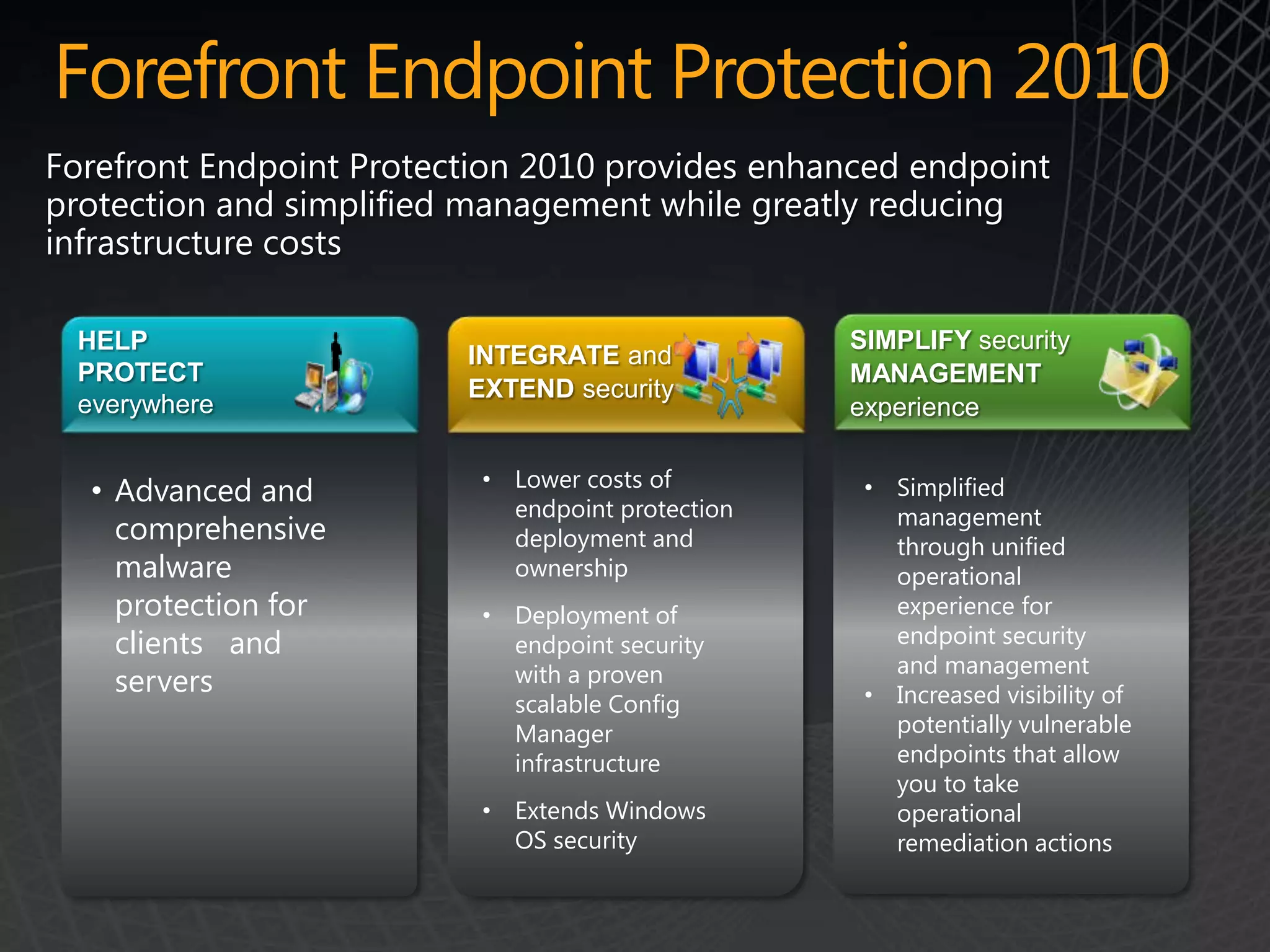 Forefront Endpoint Protection 2010
Forefront Endpoint Protection 2010 provides enhanced endpoint
protection and simplified management while greatly reducing
infrastructure costs

 HELP                                             SIMPLIFY security
                         INTEGRATE and
 PROTECT                                          MANAGEMENT
                         EXTEND security
 everywhere                                       experience

                          • Lower costs of
  • Advanced and                                   • Simplified
                            endpoint protection      management
    comprehensive           deployment and           through unified
    malware                 ownership                operational
    protection for        • Deployment of            experience for
    clients and             endpoint security        endpoint security
                            with a proven            and management
    servers                                        • Increased visibility of
                            scalable Config
                            Manager                  potentially vulnerable
                            infrastructure           endpoints that allow
                                                     you to take
                          • Extends Windows          operational
                            OS security              remediation actions
 