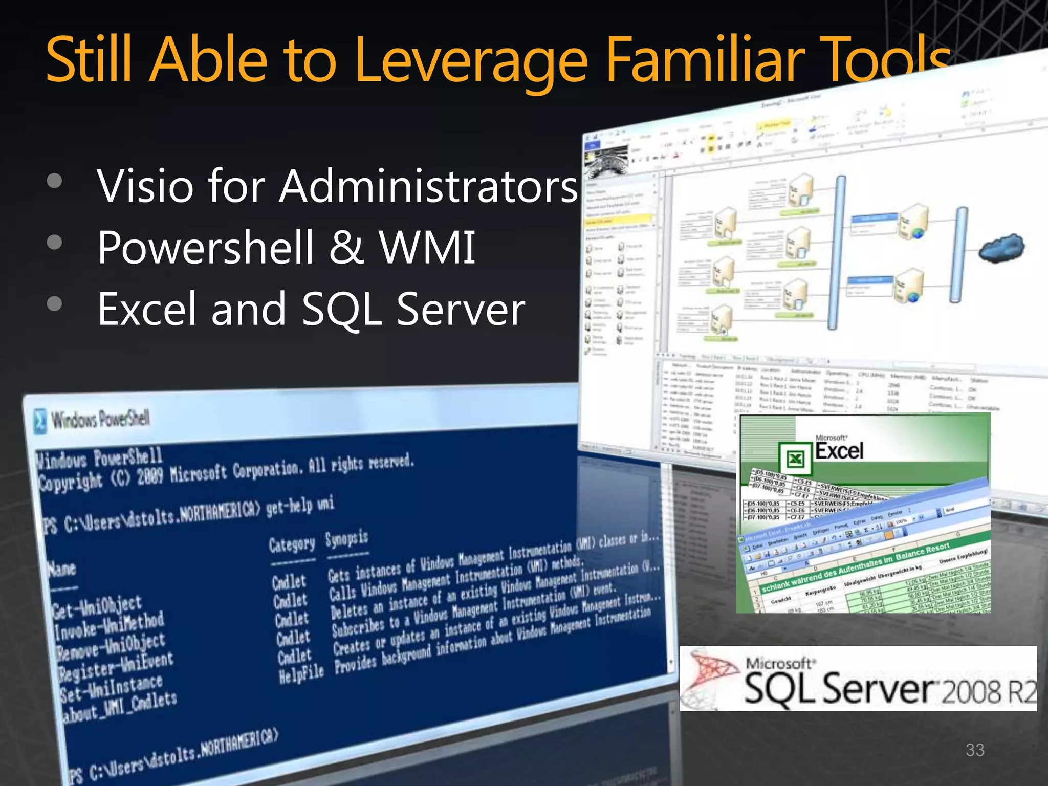 Still Able to Leverage Familiar Tools
•   Visio for Administrators
•   Powershell & WMI
•   Excel and SQL Server




                                        33
 