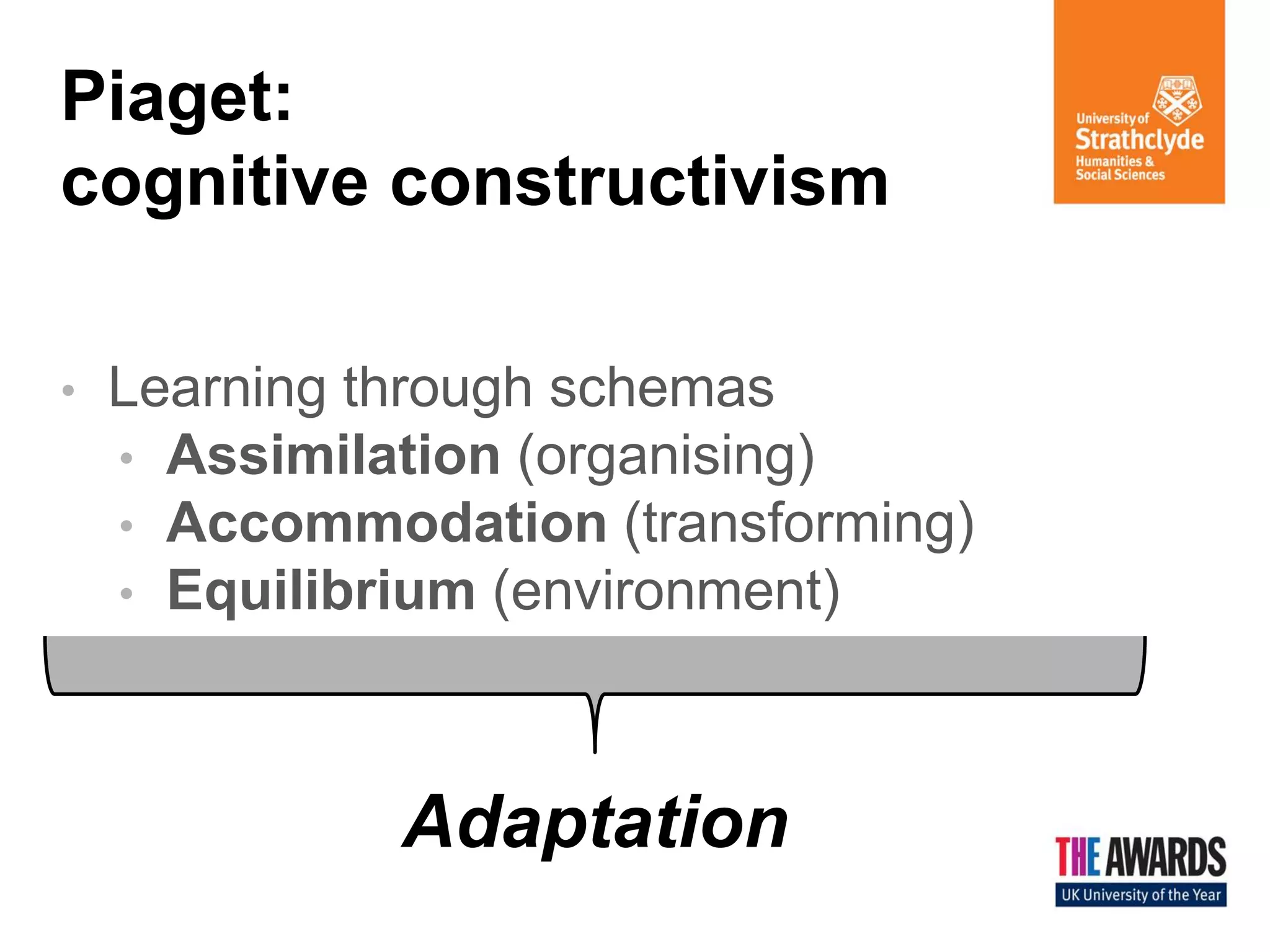 Piaget: cognitive constructivism 
•Learning through schemas 
•Assimilation (organising) 
•Accommodation (transforming) 
•Equilibrium (environment) 
Adaptation  