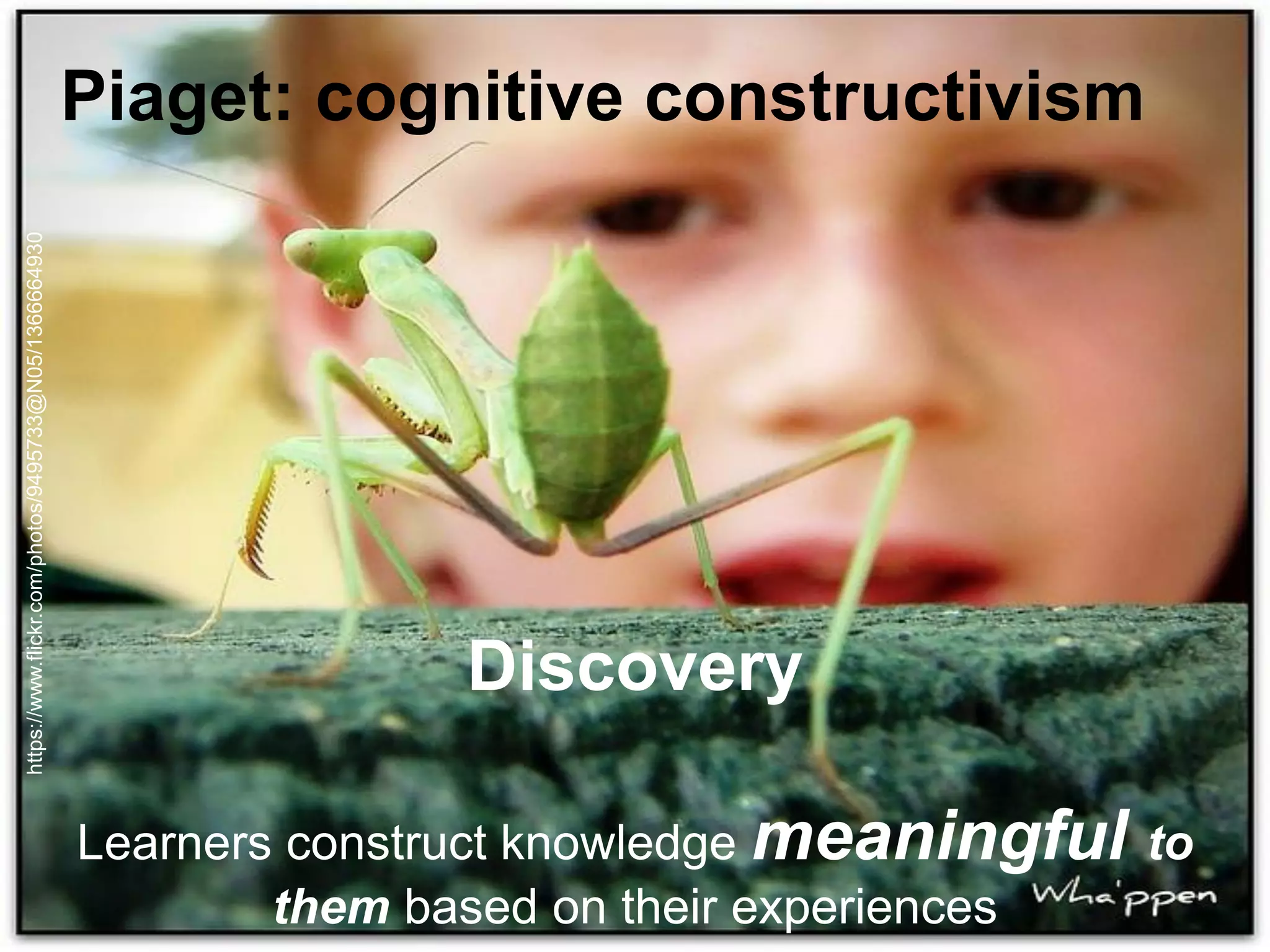 Piaget: cognitive constructivism 
Discovery Learners construct knowledge meaningful to them based on their experiences 
https://www.flickr.com/photos/9495733@N05/1366664930  