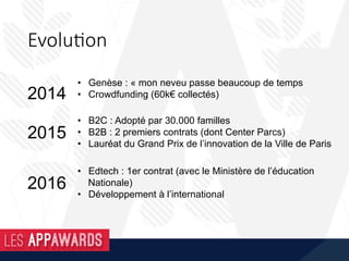 Une histoire Wakatoon
•  est	imaginée	par	un	auteur	
•  3	à	9	dessins	interdépendants	à	colorier	et	à	
wakatooner	dans	l’ordre…	
•  …qui	produisent	2	à	4	minutes	de	dessin	animé	
personnalisés	
•  0,99	à	3,99€	in-app	pour	le	grand	public	
•  freemium	:	la	transforma8on	des	premiers	dessins	
est	gratuite	
 