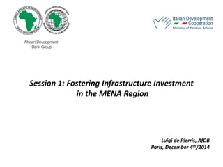 Session 1: Fostering Infrastructure Investment
in the MENA Region
Luigi de Pierris, AfDB
Paris, December 4th/2014
 