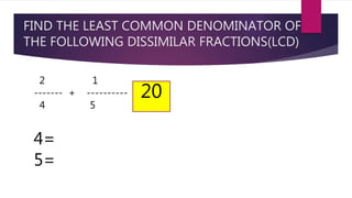 FIND THE LEAST COMMON DENOMINATOR OF
THE FOLLOWING DISSIMILAR FRACTIONS(LCD)
2 1
------- + ---------- =
4 5
4=
5=
20
 