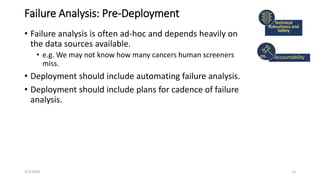 Failure Analysis: Pre-Deployment
• Failure analysis is often ad-hoc and depends heavily on
the data sources available.
• e.g. We may not know how many cancers human screeners
miss.
• Deployment should include automating failure analysis.
• Deployment should include plans for cadence of failure
analysis.
3/1/20XX SAMPLE FOOTER TEXT 13
Accountability
Technical
Robustness and
Safety
 