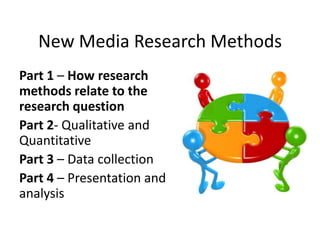 New Media Research Methods
Part 1 – How research
methods relate to the
research question
Part 2- Qualitative and
Quantitative
Part 3 – Data collection
Part 4 – Presentation and
analysis
 