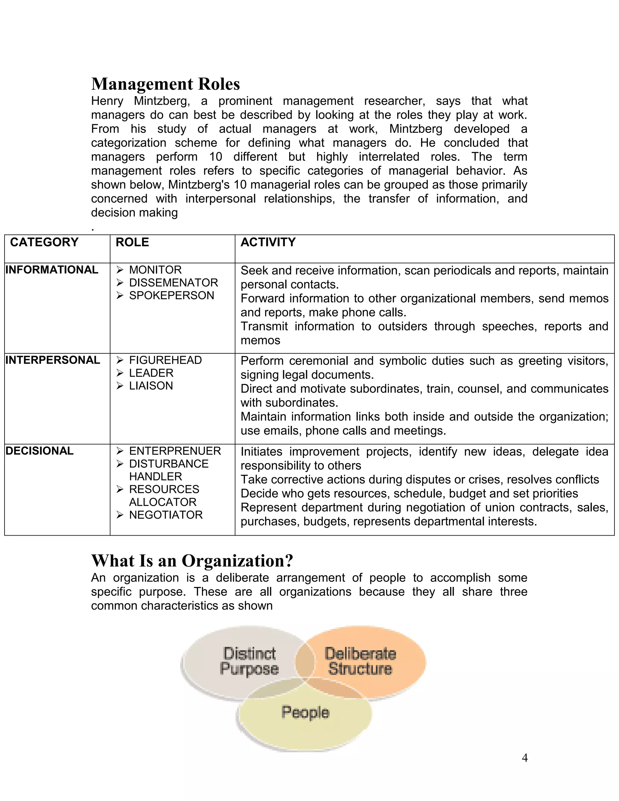 Management Roles
             Henry Mintzberg, a prominent management researcher, says that what
             managers do can best be described by looking at the roles they play at work.
             From his study of actual managers at work, Mintzberg developed a
             categorization scheme for defining what managers do. He concluded that
             managers perform 10 different but highly interrelated roles. The term
             management roles refers to specific categories of managerial behavior. As
             shown below, Mintzberg's 10 managerial roles can be grouped as those primarily
             concerned with interpersonal relationships, the transfer of information, and
             decision making
             .
CATEGORY         ROLE                  ACTIVITY

INFORMATIONAL     MONITOR             Seek and receive information, scan periodicals and reports, maintain
                  DISSEMENATOR        personal contacts.
                  SPOKEPERSON         Forward information to other organizational members, send memos
                                       and reports, make phone calls.
                                       Transmit information to outsiders through speeches, reports and
                                       memos
INTERPERSONAL     FIGUREHEAD          Perform ceremonial and symbolic duties such as greeting visitors,
                  LEADER              signing legal documents.
                  LIAISON             Direct and motivate subordinates, train, counsel, and communicates
                                       with subordinates.
                                       Maintain information links both inside and outside the organization;
                                       use emails, phone calls and meetings.
DECISIONAL        ENTERPRENUER        Initiates improvement projects, identify new ideas, delegate idea
                  DISTURBANCE         responsibility to others
                   HANDLER             Take corrective actions during disputes or crises, resolves conflicts
                  RESOURCES           Decide who gets resources, schedule, budget and set priorities
                   ALLOCATOR           Represent department during negotiation of union contracts, sales,
                  NEGOTIATOR
                                       purchases, budgets, represents departmental interests.


             What Is an Organization?
             An organization is a deliberate arrangement of people to accomplish some
             specific purpose. These are all organizations because they all share three
             common characteristics as shown




                                                                                           4
 