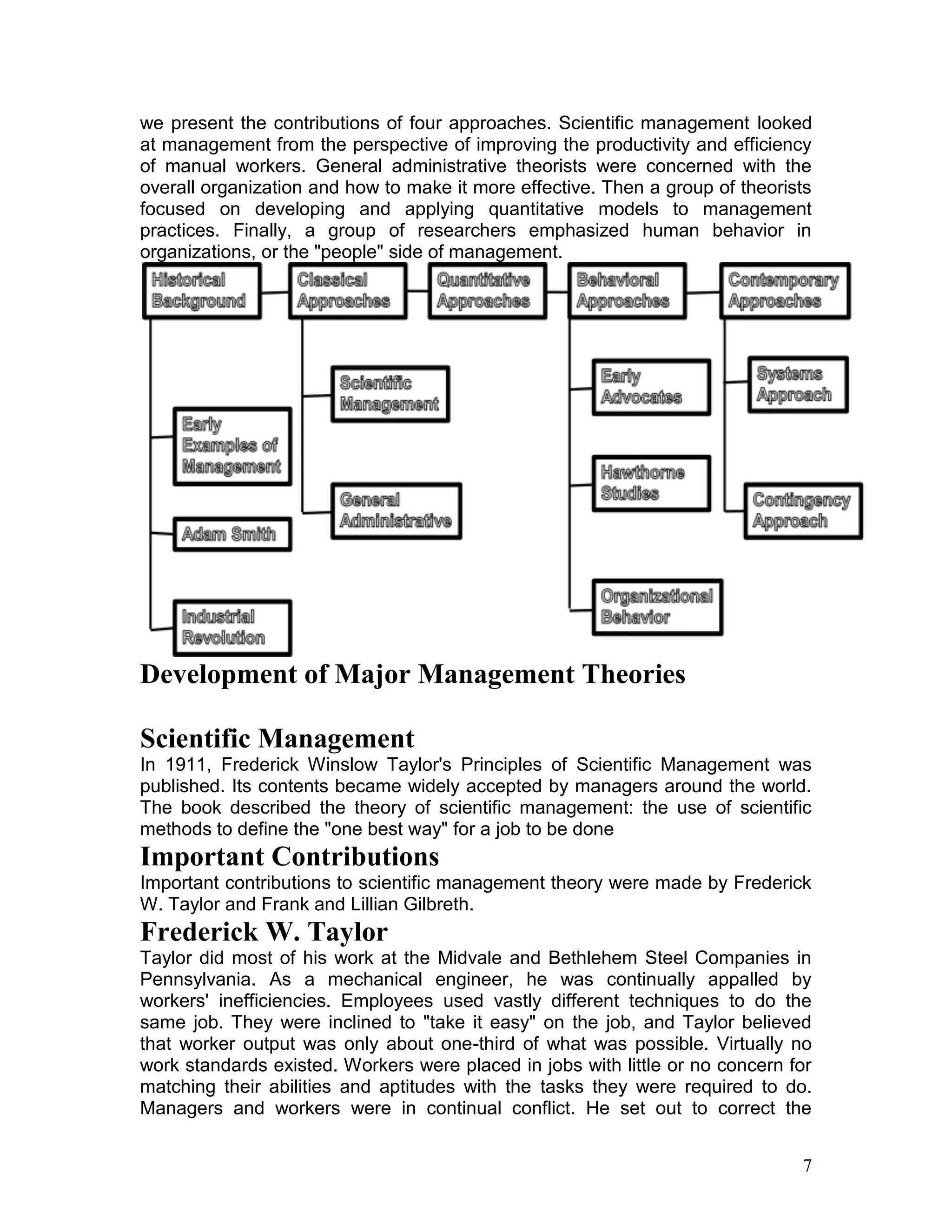 we present the contributions of four approaches. Scientific management looked
at management from the perspective of improving the productivity and efficiency
of manual workers. General administrative theorists were concerned with the
overall organization and how to make it more effective. Then a group of theorists
focused on developing and applying quantitative models to management
practices. Finally, a group of researchers emphasized human behavior in
organizations, or the "people" side of management.




Development of Major Management Theories

Scientific Management
In 1911, Frederick Winslow Taylor's Principles of Scientific Management was
published. Its contents became widely accepted by managers around the world.
The book described the theory of scientific management: the use of scientific
methods to define the "one best way" for a job to be done
Important Contributions
Important contributions to scientific management theory were made by Frederick
W. Taylor and Frank and Lillian Gilbreth.
Frederick W. Taylor
Taylor did most of his work at the Midvale and Bethlehem Steel Companies in
Pennsylvania. As a mechanical engineer, he was continually appalled by
workers' inefficiencies. Employees used vastly different techniques to do the
same job. They were inclined to "take it easy" on the job, and Taylor believed
that worker output was only about one-third of what was possible. Virtually no
work standards existed. Workers were placed in jobs with little or no concern for
matching their abilities and aptitudes with the tasks they were required to do.
Managers and workers were in continual conflict. He set out to correct the


                                                                               7
 