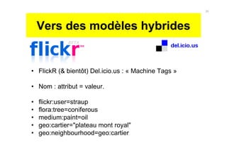 Vers des modèles hybrides
• FlickR (& bientôt) Del.icio.us : « Machine Tags »
• Nom : attribut = valeur.
• flickr:user=straup
• flora:tree=coniferous
• medium:paint=oil
• geo:cartier="plateau mont royal"
• geo:neighbourhood=geo:cartier
20
 