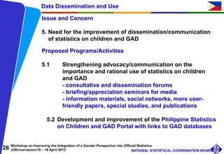 26 Workshop on Improving the Integration of a Gender Perspective into Official Statistics
JOEncarnacion/16 – 19 April 2013 NATIONAL STATISTICAL COORDINATION BOARD
Issue and Concern
5. Need for the improvement of dissemination/communication
of statistics on children and GAD
Data Dissemination and Use
Proposed Programs/Activities
5.1 Strengthening advocacy/communication on the
importance and rational use of statistics on children
and GAD
- consultative and dissemination forums
- briefing/appreciation seminars for media
- information materials, social networks, more user-
friendly papers, special studies, and publications
5.2 Development and improvement of the Philippine Statistics
on Children and GAD Portal with links to GAD databases
 