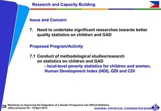 28 Workshop on Improving the Integration of a Gender Perspective into Official Statistics
JOEncarnacion/16 – 19 April 2013 NATIONAL STATISTICAL COORDINATION BOARD
Issue and Concern
7. Need to undertake significant researches towards better
quality statistics on children and GAD
Research and Capacity Building
Proposed Program/Activity
7.1 Conduct of methodological studies/research
on statistics on children and GAD
- local-level poverty statistics for children and women,
Human Development Index (HDI), GDI and CDI
 