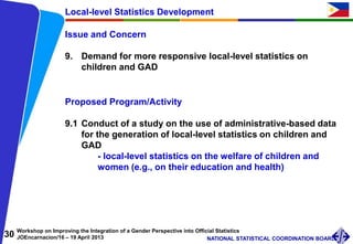 30 Workshop on Improving the Integration of a Gender Perspective into Official Statistics
JOEncarnacion/16 – 19 April 2013 NATIONAL STATISTICAL COORDINATION BOARD
Issue and Concern
9. Demand for more responsive local-level statistics on
children and GAD
Local-level Statistics Development
Proposed Program/Activity
9.1 Conduct of a study on the use of administrative-based data
for the generation of local-level statistics on children and
GAD
- local-level statistics on the welfare of children and
women (e.g., on their education and health)
 