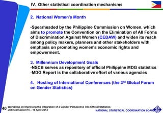 40 Workshop on Improving the Integration of a Gender Perspective into Official Statistics
JOEncarnacion/16 – 19 April 2013 NATIONAL STATISTICAL COORDINATION BOARD
IV. Other statistical coordination mechanisms
2. National Women’s Month
-Spearheaded by the Philippine Commission on Women, which
aims to promote the Convention on the Elimination of All Forms
of Discrimination Against Women (CEDAW) and widen its reach
among policy makers, planners and other stakeholders with
emphasis on promoting women's economic rights and
empowerment.
3. Millennium Development Goals
-NSCB serves as repository of official Philippine MDG statistics
-MDG Report is the collaborative effort of various agencies
4. Hosting of International Conferences (the 3rd Global Forum
on Gender Statistics)
 