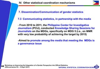 44 Workshop on Improving the Integration of a Gender Perspective into Official Statistics
JOEncarnacion/16 – 19 April 2013 NATIONAL STATISTICAL COORDINATION BOARD
IV. Other statistical coordination mechanisms
7. Dissemination/Communication of gender statistics
7.3 Communicating statistics, in partnership with the media
- From 2010 to 2011, the Philippine Center for Investigative
Journalism (PCIJ), conducted Knowledge Sharing Sessions for
Journalists on the MDGs, specifically on MDG 5 (i.e., on MMR
with very low probability of achieving the target by 2015)
-Aimed to promote among the media that meeting the MDGs is
a governance issue
 