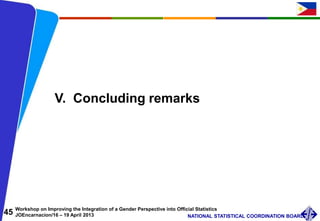 45 Workshop on Improving the Integration of a Gender Perspective into Official Statistics
JOEncarnacion/16 – 19 April 2013 NATIONAL STATISTICAL COORDINATION BOARD
V. Concluding remarks
 