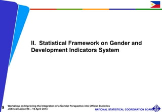 9 Workshop on Improving the Integration of a Gender Perspective into Official Statistics
JOEncarnacion/16 – 19 April 2013 NATIONAL STATISTICAL COORDINATION BOARD
II. Statistical Framework on Gender and
Development Indicators System
 