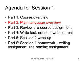 Agenda for Session 1 Part 1: Course overview Part 2: Plain language overview  Part 3: Review pre-course assignment Part 4: Write task-oriented web content Part 5: Session 1 wrap-up Part 6: Session 1 homework – writing assignment and reading assignment 