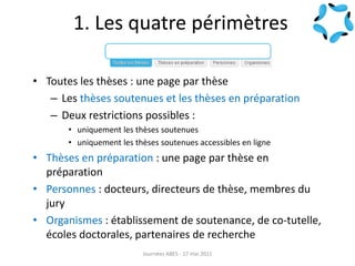 1. Les quatre périmètres
• Toutes les thèses : une page par thèse
– Les thèses soutenues et les thèses en préparation
– Deux restrictions possibles :
• uniquement les thèses soutenues
• uniquement les thèses soutenues accessibles en ligne
• Thèses en préparation : une page par thèse en
préparation
• Personnes : docteurs, directeurs de thèse, membres du
jury
• Organismes : établissement de soutenance, de co-tutelle,
écoles doctorales, partenaires de recherche
Journées ABES - 17 mai 2011
 