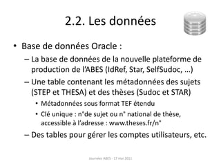 2.2. Les données
• Base de données Oracle :
– La base de données de la nouvelle plateforme de
production de l’ABES (IdRef, Star, SelfSudoc, …)
– Une table contenant les métadonnées des sujets
(STEP et THESA) et des thèses (Sudoc et STAR)
• Métadonnées sous format TEF étendu
• Clé unique : n°de sujet ou n° national de thèse,
accessible à l’adresse : www.theses.fr/n°
– Des tables pour gérer les comptes utilisateurs, etc.
Journées ABES - 17 mai 2011
 