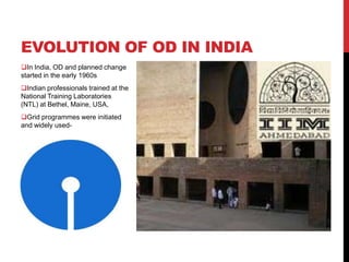 EVOLUTION OF OD IN INDIA
In India, OD and planned change
started in the early 1960s
Indian professionals trained at the
National Training Laboratories
(NTL) at Bethel, Maine, USA,
Grid programmes were initiated
and widely used-
 