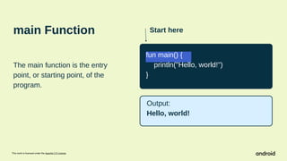 This work is licensed under the Apache 2.0 License
main Function
The main function is the entry
point, or starting point, of the
program.
Start here
fun main() {
println("Hello, world!")
}
Output:
Hello, world!
 