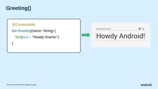This work is licensed under the Apache 2.0 License
Greeting()
@Composable
fun Greeting(name: String) {
Text(text = "Howdy $name!")
}
 