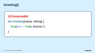 This work is licensed under the Apache 2.0 License
Greeting()
@Composable
fun Greeting(name: String) {
Text(text = "Hello $name!")
}
 