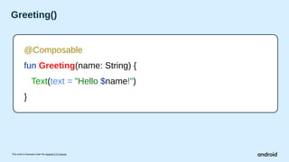 This work is licensed under the Apache 2.0 License
Greeting()
@Composable
fun Greeting(name: String) {
Text(text = "Hello $name!")
}
 