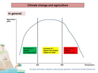 Climate change and agriculture
In general:
Agriculture
yield
Temperature22C 28C
Increase of 1
degree
increases yield
Increase of 1
degree has limited
impact on yield
Increase of 1
degree
reduces yield
 