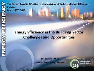 The Bumpy Road to Effective Implementation of Buildings Energy Efficiency
Policies
March 16th, 2012




      Energy Efficiency in the Buildings Sector
          Challenges and Opportunities



                                    Dr. Yamina SAHEB
                               International Energy Agency


                      © OECD/IEA 2011
 