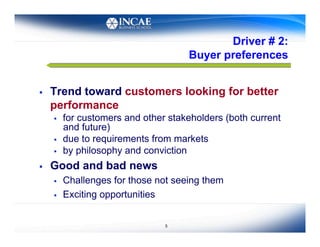 Driver # 2:
                                      Buyer preferences


    Trend toward customers looking for better
     performance
         for customers and other stakeholders (both current
          and future)
         due to requirements from markets
         by philosophy and conviction
    Good and bad news
         Challenges for those not seeing them
         Exciting opportunities


                                 5
 