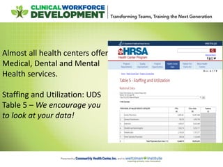 Almost all health centers offer
Medical, Dental and Mental
Health services.
Staffing and Utilization: UDS
Table 5 – We encourage you
to look at your data!
 