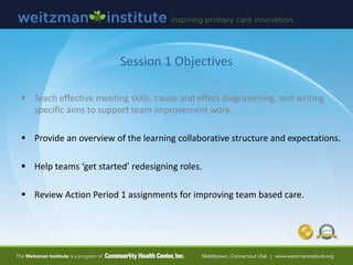 Session 1 Objectives
 Teach effective meeting skills, cause and effect diagramming, and writing
specific aims to support team improvement work.
 Provide an overview of the learning collaborative structure and expectations.
 Help teams ‘get started’ redesigning roles.
 Review Action Period 1 assignments for improving team based care.
 